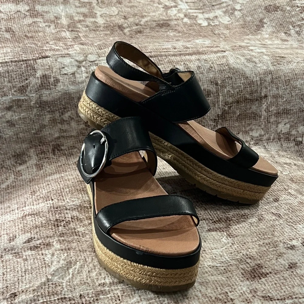 UGG Black Leather Espadrille Platform Sandals with Buckle - Picture 1 of 12